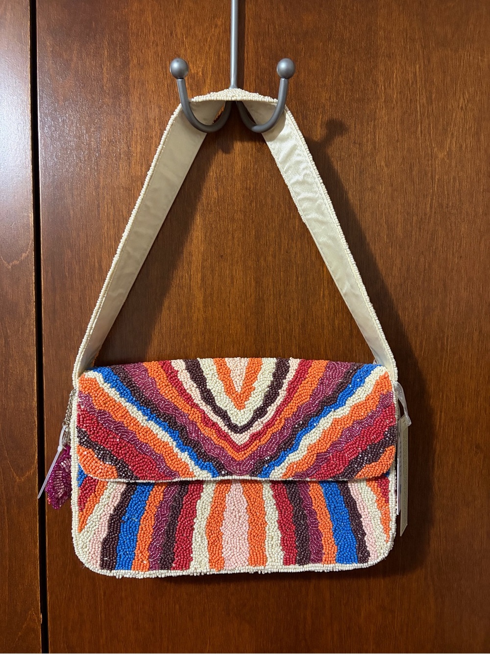Handcrafted in India Beaded Multicolor Striped Shoulder Bag Cream, Orange, Blue